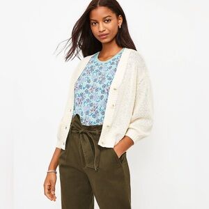 LOFT Ivory Cream Marled 3/4 Sleeve Sweater Cardigan Sz XL dropped Shoulder